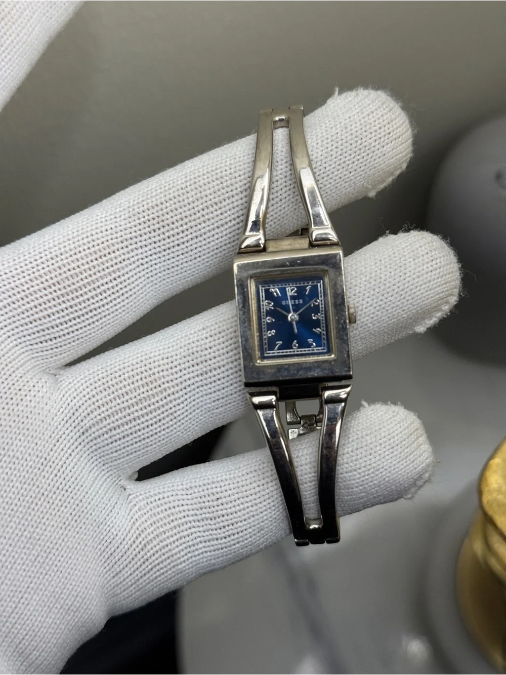 Guess Silver-Tone Bracelet Watch with Blue Dial Womens